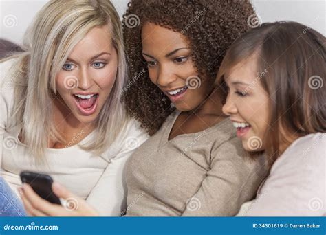 Interracial Group Beautiful Women Friends Using Smartphone Stock Image Image Of Mixed