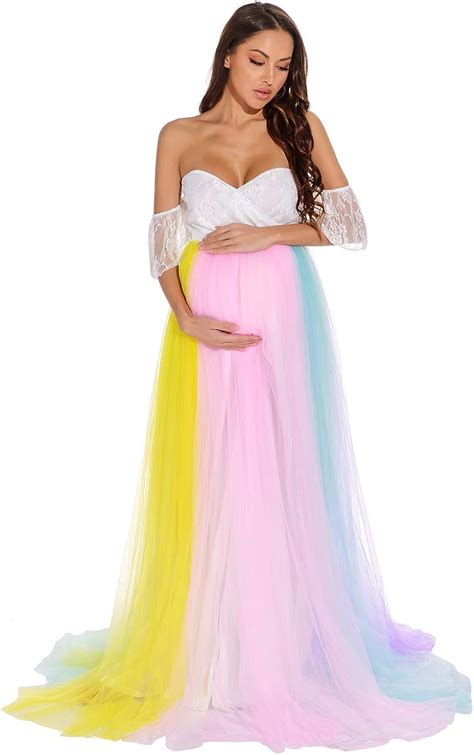 Ziumudy Rainbow Maternity Tulle Gown For Photo Shoot Photography