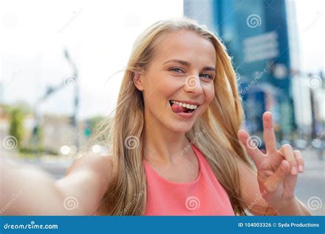 Happy Young Woman Taking Selfie On City Street Stock Photo Image Of