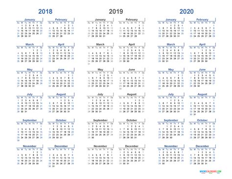 Printable Calendar 2018 2019 And 2020 3 Year Calendar Light Design