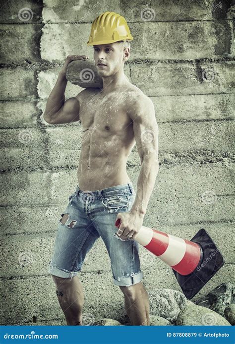 handsome muscular construction worker standing stock image image of shirtless abdomen 87808879
