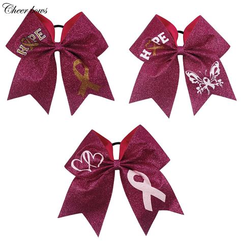 Breast Cancer Pink Cheer Bow Glitter Printed Hair Bow With Elastic Hair