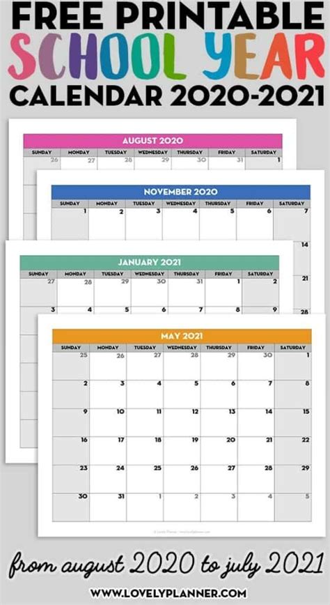 Free Printable 2020 2021 Monthly School Calendar Template School