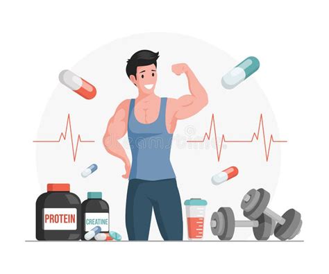 Athlete Showing Muscles Vector Cartoon Illustration Bottles And Shaker