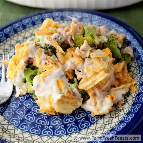 Golden cheddar bakes atop chicken, rice and water chestnuts in a smooth, mild sauce. Farm Fresh Feasts: Tuna Broccoli Casserole with Potato ...
