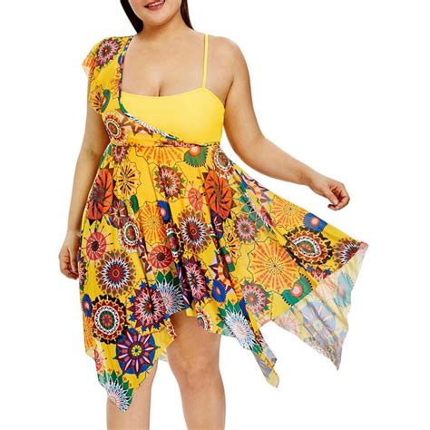 Plus Size Tribal Print Overlay Asymmetrical One Piece Swimsuit Yellow