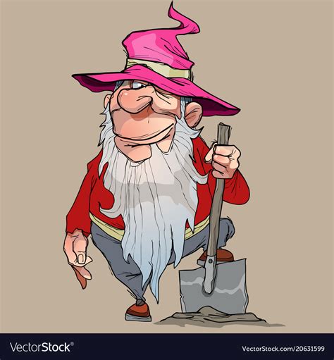Cartoon Dwarf In A Pink Hat Stands With A Shovel Vector Image