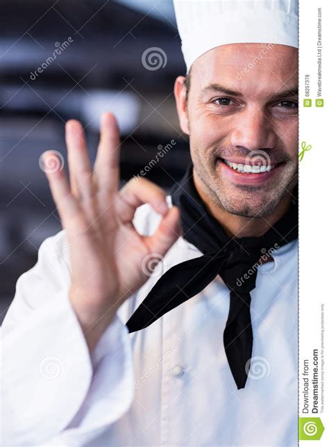 Happy Chef Making Ok Sign In Commercial Kitchen Stock Photo Image Of