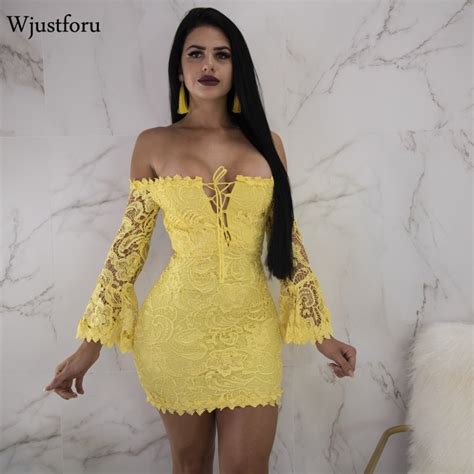 Wjustforu Hollow Out Lace Dress Women Slash Neck Package Hip Sexy Party