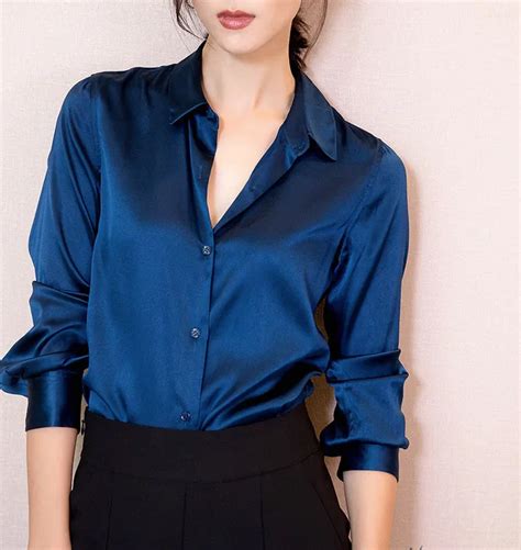 s xxxl fashion women dark blue satin silk blouse ladies casual long sleeve button turndown