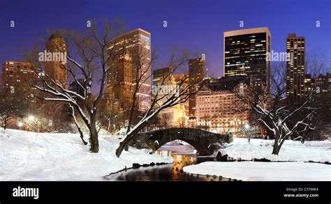 New York City Manhattan Central Park Panorama In Winter With Snow