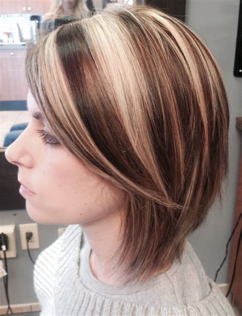 Short Hair Bob Haircut Highlights Lowlights Bright Blonde Dark Hair