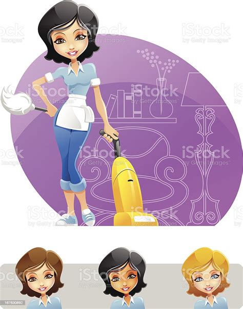 Maid Or Cleaning Lady Holding Duster And Vacuum Cleaner Stock