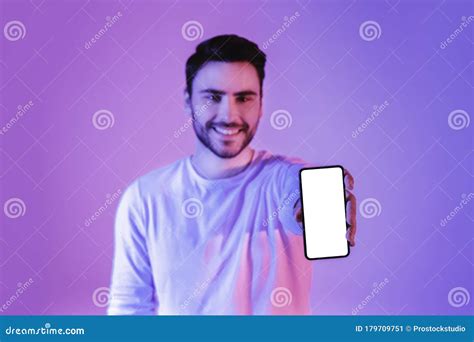 Young Man Shows Smartphone With Blank Screen Stock Image Image Of Design Background 179709751