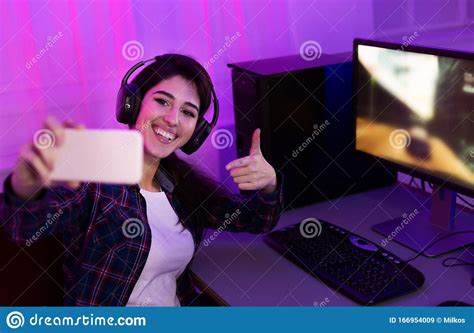 Excited Gamer Streamer Girl Taking Selfie Near Pc Computer