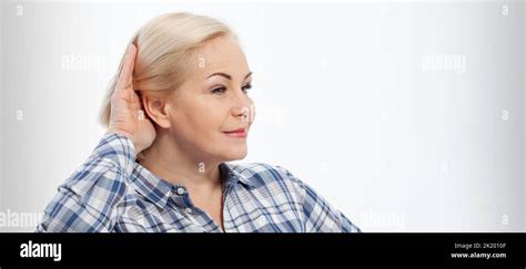 Nosy Woman Hand To Ear Gesture Trying Carefully Intently Secretly