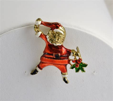 Santa Clause Brooch Vintage Christmas Pin Enameled Gold Etsy