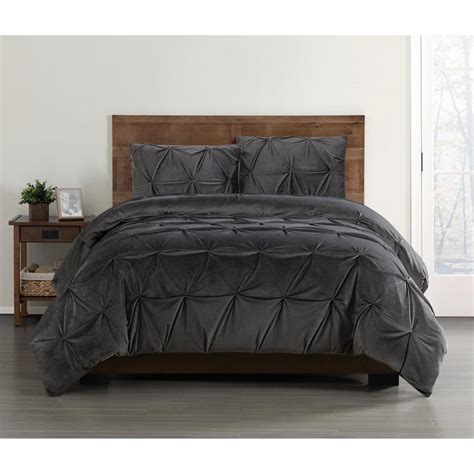 Truly Soft Everyday Pleated Velvet Grey Fullqueen Comforter Set
