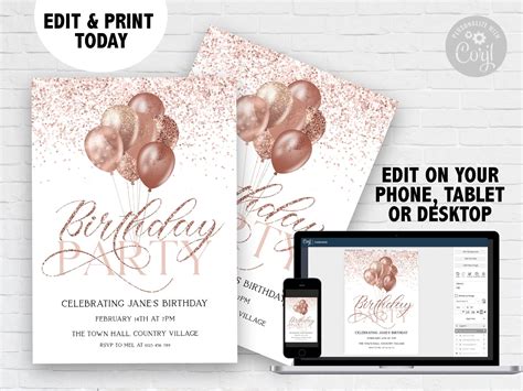 Birthday Invitation Download Rose Gold Balloons Glitter Party Etsy