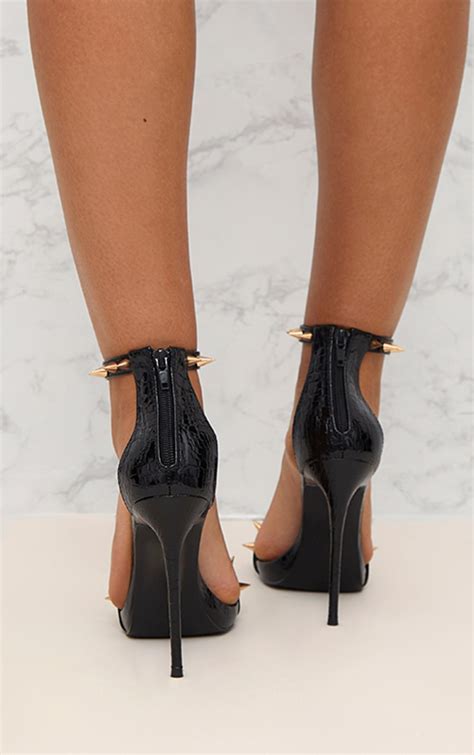 Black Stud Detail Strappy Stiletto Heels Prettylittlething Usa