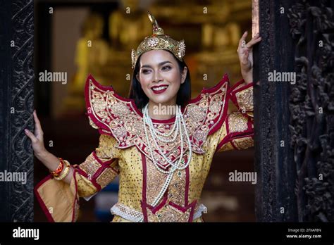 Burmese Beautiful Woman In Antique Myanmar Or Burma Traditional