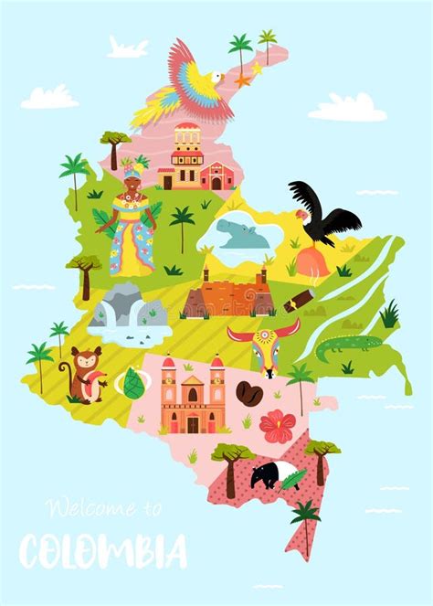 Bright Illustrated Map Of Colombia Travel Banner Stock Vector