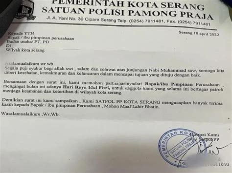 Diselidiki, Beredarnya Surat Satpol PP Kota Serang Minta THR Ke Swasta