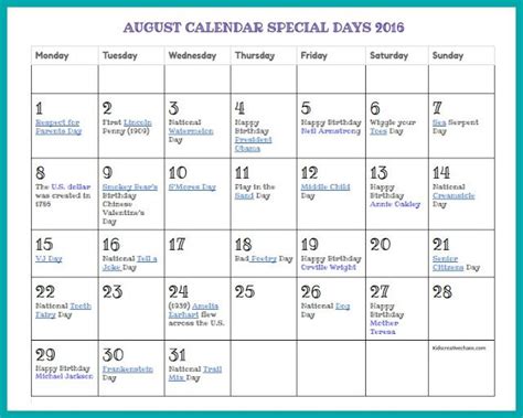 August Calendar Printable Special Days August Calendar Calendar