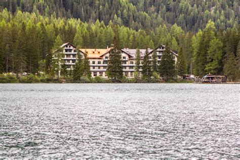 Hotel On Lake Braies In Dolomites Italy Stock Photo Image Of