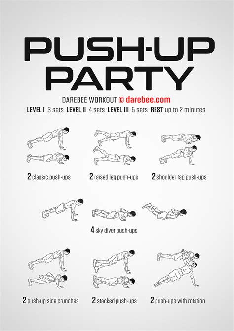 A push workout contracts your muscles when weight is being pushed away from your body, meaning the work is done when the muscle contracts as you push. Push-Up Party Workout