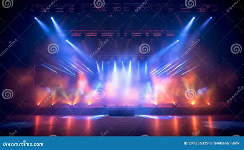 An Empty Nightclub Stage Lit By Red And Blue Spotlights Interior Of