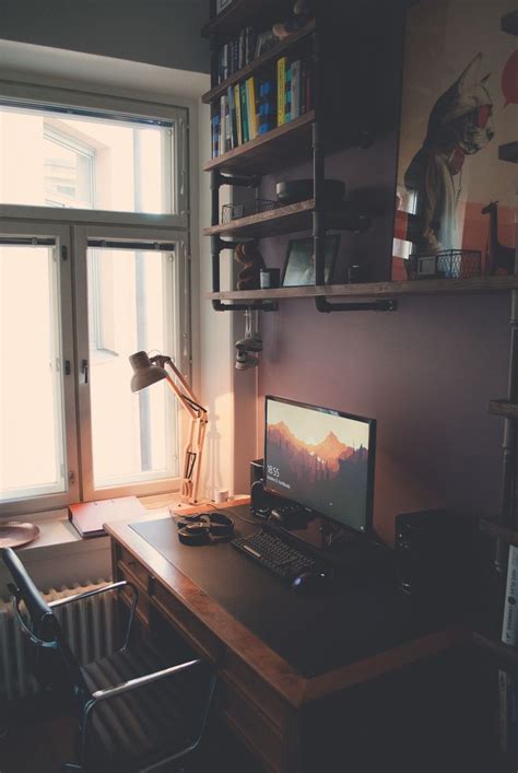 Wood And Leather Home Office Setup Home Office Design