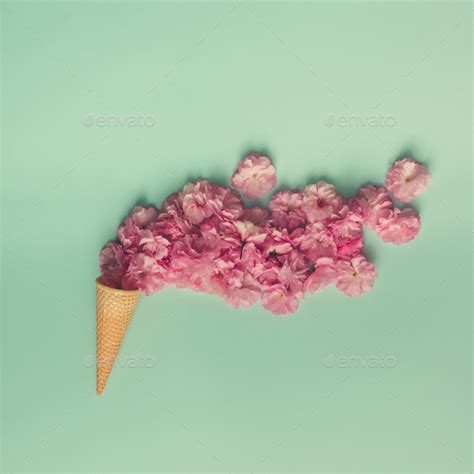 Ice Cream Cone With Pink Flowers And Leaves Summer Minimal Concept Flat Lay Stock Photo By