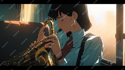 Premium Ai Image Anime Girl Playing A Saxophone In A Room With A