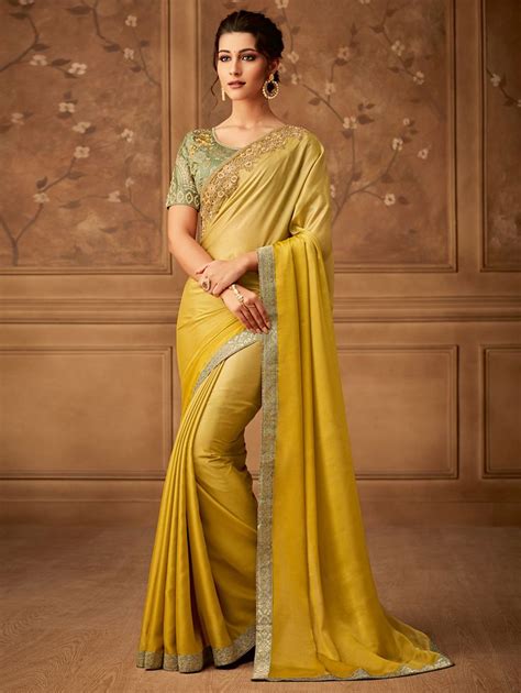 Yellow Georgette Saree With Lace Party Wear Sarees Saree Designs