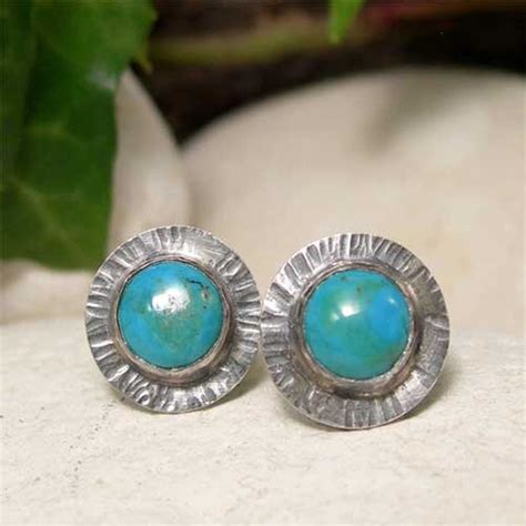 Turquoise Stud Earrings Round Oxidized Sterling Silver Post Etsy