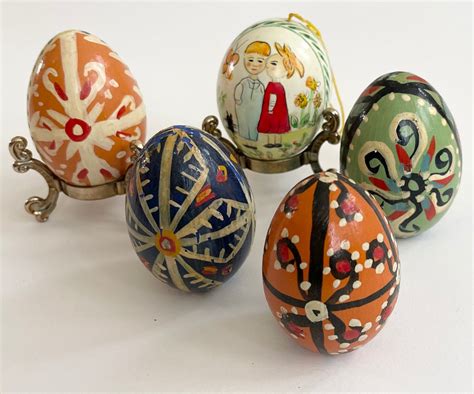 Hand Painted Wooden Egg Lot Of 5 Eggs Vintage Handmade Bright Colorful