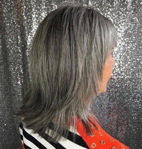 Mid Length Straight Gray Hairstyle With Bangs Grey Brown Hair Grey