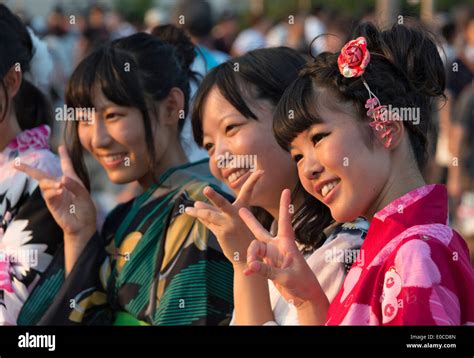 Women In Colorful Kimono During Tenji Matsuri Festival Osaka Japan