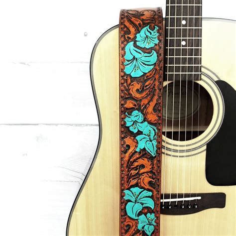 Leather Guitar Strap With Custom Hand Tooled Design For Acoustic Or