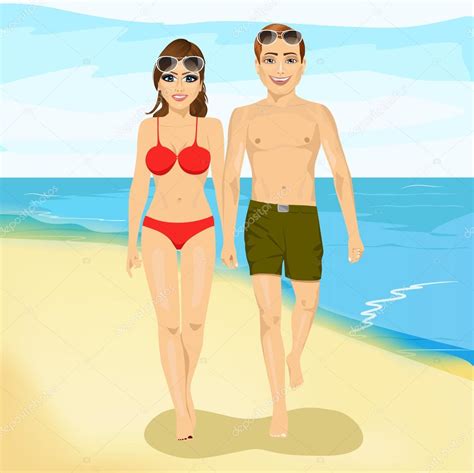 Feliz pareja caminando a lo largo de una playa vector gráfico vectorial flint imagen
