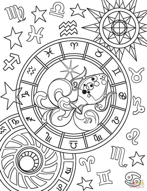 Zodiac Signs And Astro Symbols Coloring Page With The Sun Moon And