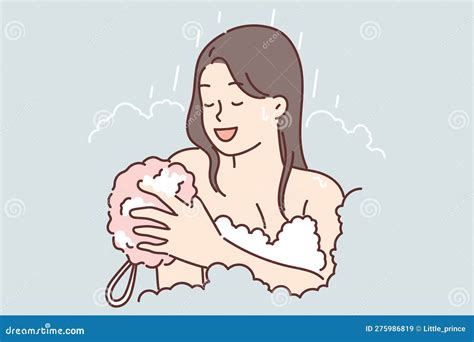 Woman Takes Shower Using Washcloth And Stands Among Foam Enjoying