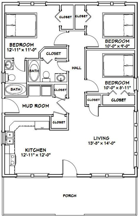 28x36 House 3 Bedroom 2 Bath 1008 Sq Ft Pdf Floor Etsy