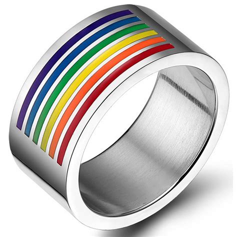 Unisex Lgbt Pride Rainbow Enamel Wedding Band In Stainless Steel Gay Pride Ring For Men And
