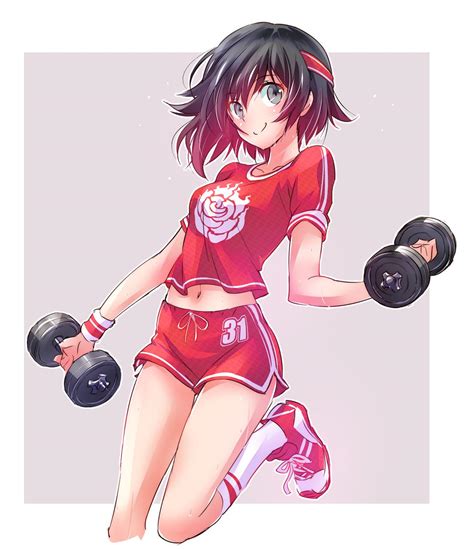 Iesupa Ruby Rose Rwby Highres 1girl Dolphin Shorts Dumbbell Exercise Gradient Hair Grey