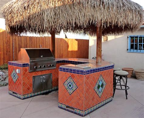 Backyard Palapa Style Island Barbeque Using Mexican Tiles By