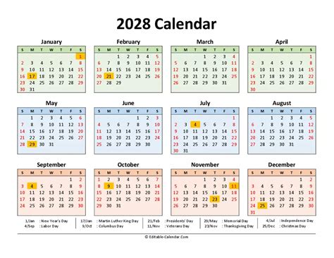 Download 2028 Printable Calendar Free With Us Holidays Weeks Start On