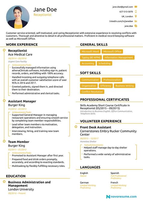 The program administrator/front of house manager directs and coordinates administrative ada/osha: Receptionist Resume Sample [Job Description, Skills & Tips ...