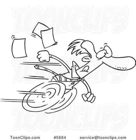 Cartoon Black And White Line Drawing Of A Fast Business Man On Wheels
